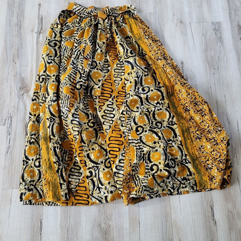 Eclectic Boho Hippie Tribal Maxi Full Elastic Tie Waist Skirt OS Gold Brown